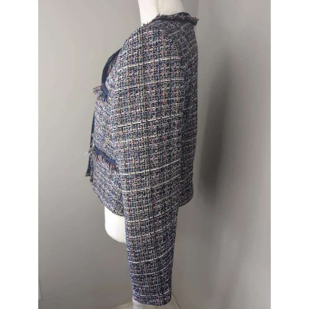 1901 Multicolor Tweed Fringe Jacket Blazer Preppy Chic M - Picture 2 of 9